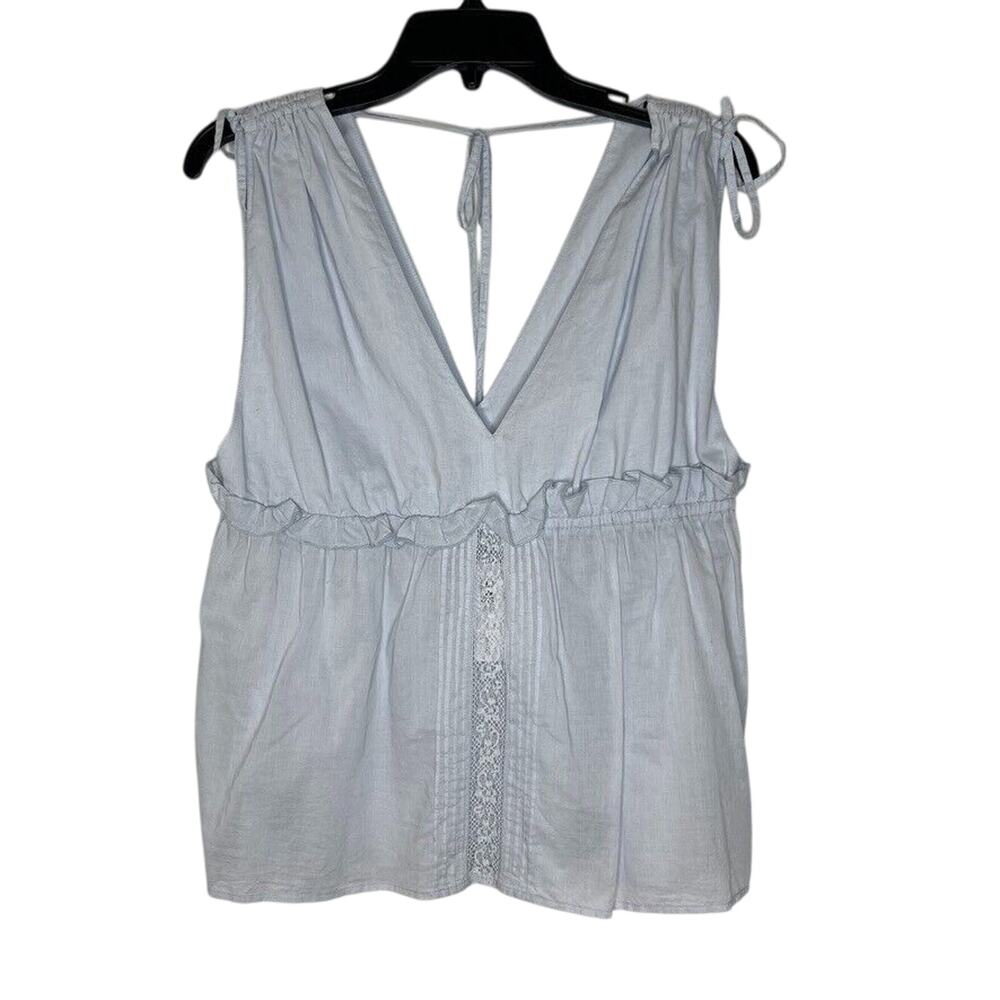 St Roche Women’s L Light Blue V-Neck Sleeveless Top Lace Detail Boho Style NEW